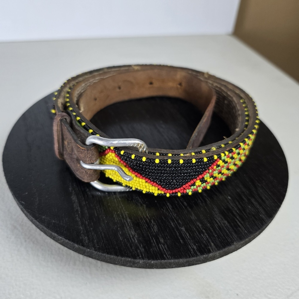 Vintage Beaded Handmade Leather Belt 40" M/L‎
